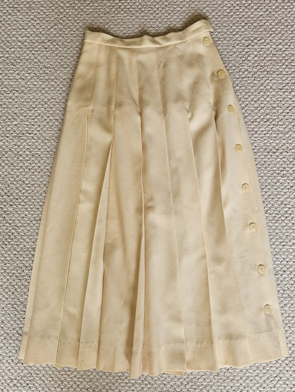 100% Wool Vintage Pleated Midi Skirt Cream Button Side Lined